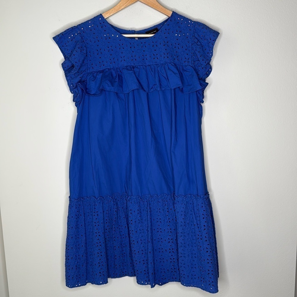 Who What Wear Sleeveless Eyelet Mix Ruffle Dress in Blue Size Large